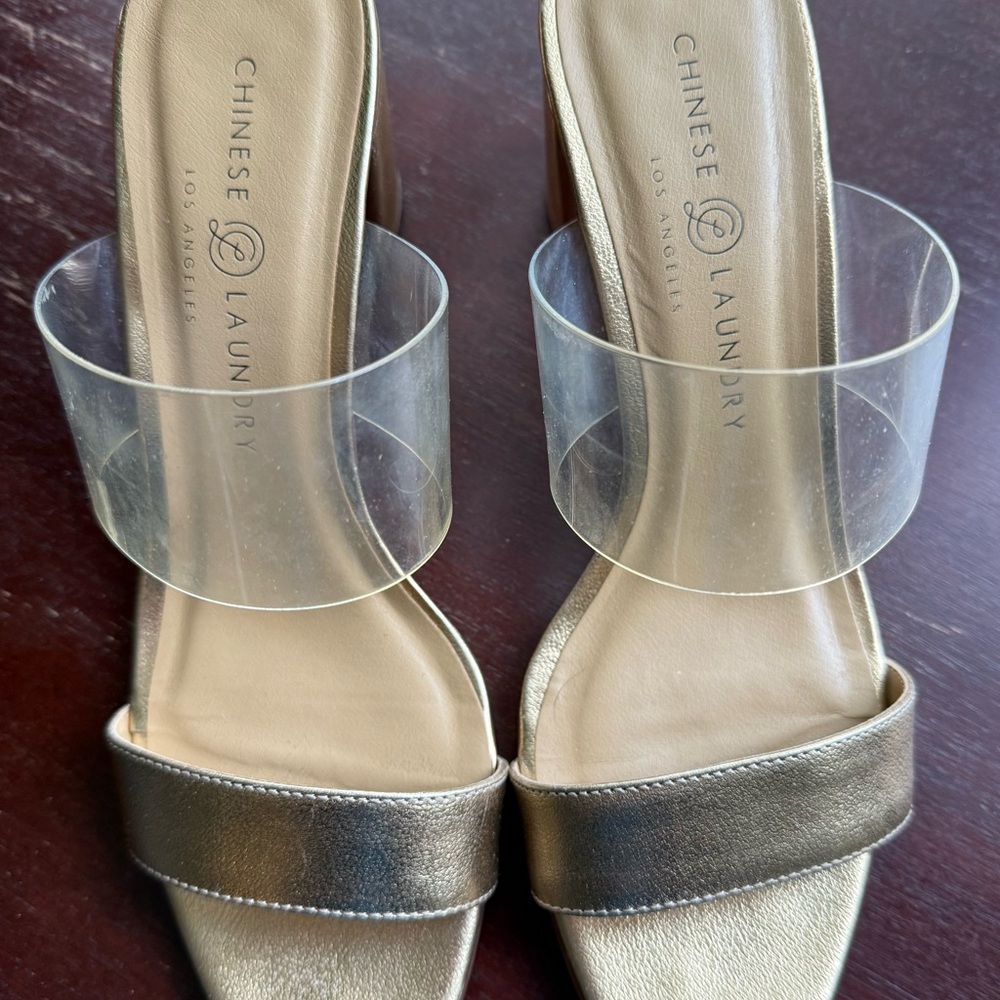Chinese Laundry gold stacked heels, 8M, sandals